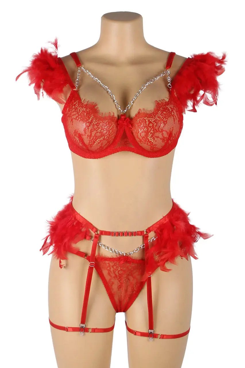 Feather Lace Chain Lingerie Bra Set 3wishes.com